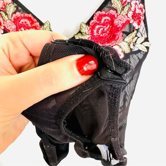 LF SEEK LABEL Black Mesh Pink Red Floral Embroidery Sheer Bodysuit Tank Top S - Picture 3 of 7